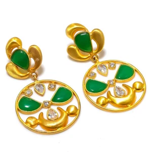 Green Onyx Brass Stud Earrings Designer Jewelry Gift for Her - Picture 1 of 1