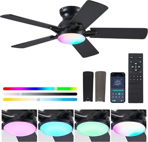 48" Black Ceiling Fan with RGB LED Light 5 Blades 6 Speeds - Picture 1 of 4
