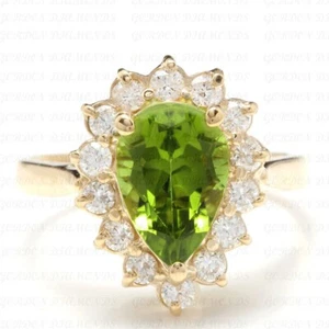 5.50ct Pear Cut Natural Peridot & Diamond Wedding Ring 18K Yellow Gold Plated - Picture 1 of 15