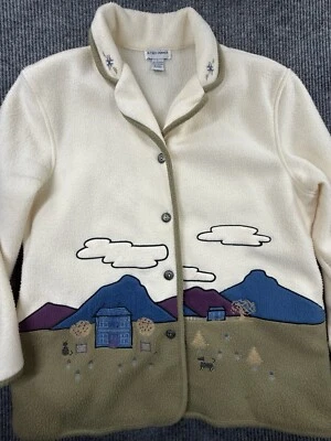 Alfred Dunner Sweater Womans Large Button Up Fleece Jacket Embroidered Mountain - Image 1 of 4
