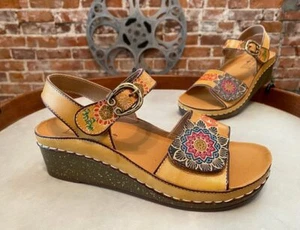 L'Artiste Spring Step Natural Yellow Leather Wedge Sandals Roshni 38 7.5-8 New - Picture 1 of 3