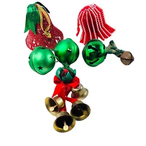 Vtg Christmas Decoration 7 pc Lot Ornament Brass Jingle Bell Green Red 1"-4" - Picture 1 of 7