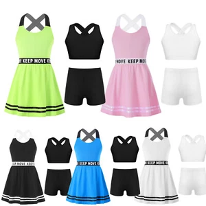 Kids Girls Dress And Shorts Workout Vest Running Sports Letters Printed 3Pcs - Picture 1 of 40