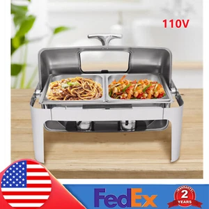 9.5QT Buffet Food Roll Top Chafing Dish Stainless Steel 3 Pans Server Dish 3 Pan - Picture 1 of 18