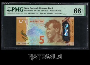 NEW ZEALAND 5 DOLLARS 2015-16 P-191a POLYMER PMG 66 GEM UNC EPQ S/N AW15035724 - Picture 1 of 2