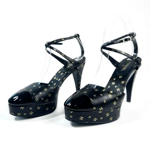CHANEL 2023 All Over Interlocking CC Logo Black Heels Size 38 Platform Cap Toe - Picture 1 of 17