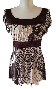 Y2K Babydoll Top Shirt Juniors XL Brown Cream Ivory Floral Satin Flowy Vintage - Picture 1 of 8
