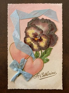 Carte postale ancienne postcard FANTAISIE Sainte-catherine carte en tissus - Picture 1 of 1