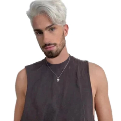 Natural Synthetic Wavy Cosplay Male Wig Silver Men Short Wigs Hair Cosplay W/Cap - Image 1 of 4