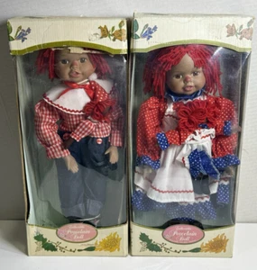 ULTRA SELTENES Set 16 Zoll Raggedy Ann Porzellan afroamerikanische Puppen komplett mit Box - Bild 1 von 22