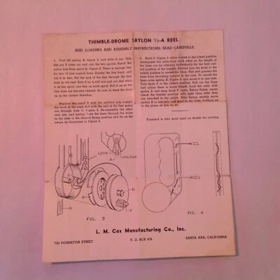Vtg L M Cox Thimble-Drome Skylon 1/2-A Reel Loading and Assembly Instructions - Image 1 of 4