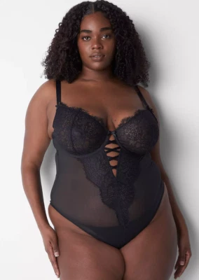 NEW Cacique Sheer Lace Underwire Bodysuit Black Size 40DDD Lingerie - Image 1 of 4