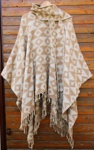 Poncho lana de oveja de alpaca, patrón inca marrón beige, bufanda flecos, ligero + cálido, Perú - Imagen 1 de 2