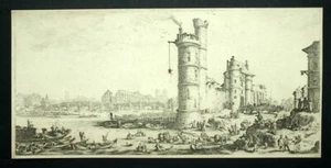 Gravure à l'eau forte de JACQUES CALLOT LA TOUR DE NESLE ET LE PONT NEUF 1629 - Imagen 1 de 5