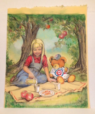Pintura Pastel Original Chicago Cubs Mary Win Norris Niña Oso de Peluche Picnic De Colección Foto 1 de 4