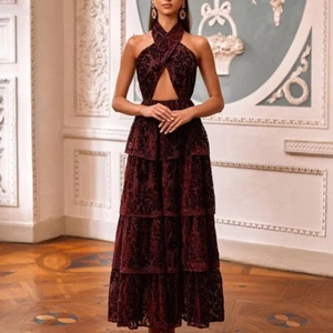 ALAMOUR THE LABEL Women's Burgundy Camilla Gown Halter Velour Dress Medium BNWT - Picture 1 of 15