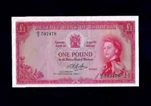 RESERVE BANK OF RHODESIA RARE 1 POUND 4/9/1964 QUEEN ELIZABETH II P-25 - Foto 1 di 2