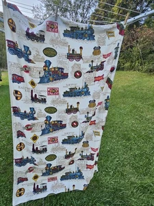 Vtg Train Engines Logo Images Fabric Remnant Piece - Picture 1 of 2