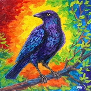 Original Oil Raven Painting Colorful Bird Art Canvas Wildlife Rainbow Nature Art - Picture 1 of 24