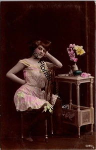 Antique Postcard Lady in Pink Corset Boudoir Scene Hand-Tinted Glamour Germany - Picture 1 of 2