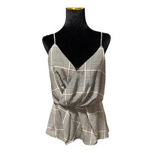 L'AGENCE Chiara Twist Camisole Tank Med 100% Silk Black White Plaid Peplum EUC - Picture 1 of 10