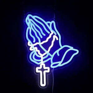 Letrero de neón Praying Hands cruz luz LED 13,2 pulgadas * 14,4 pulgadas, azul Pray  - Imagen 1 de 6