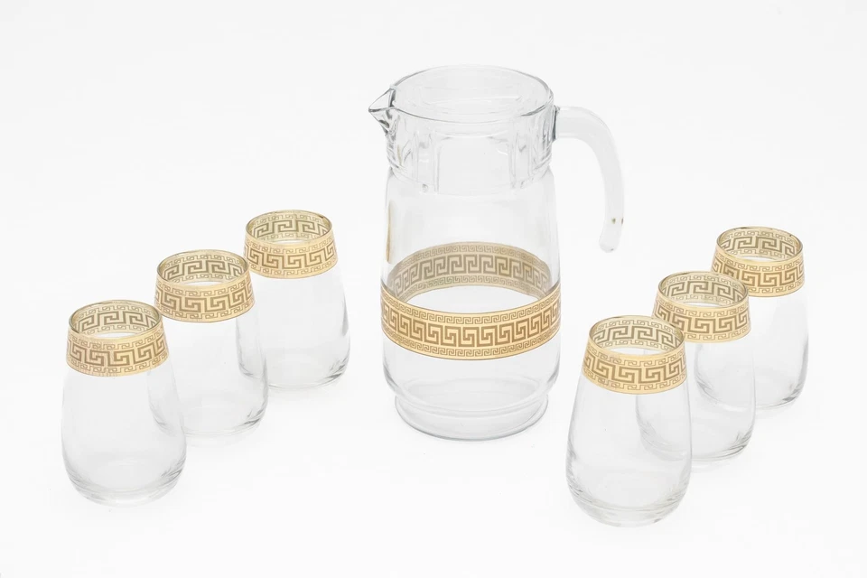 Greek Key Design Water Beverage Set Pitcher Jug With 6 Hiball Glasses - Image 1 of 4