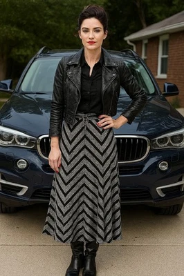 Maxi Falda Maurice's Negra Gris Plata Estampado Chevron con Cordón en la Cintura, 2 (LG) Foto 1 de 4