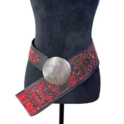 CHICO'S Étnico Tribal Med.  Cinturón ancho holgado de cuero hebilla medallón plateado Foto 1 de 4