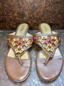 Solos Women’s Size 11 Brown Ring & Stud T-strap 2” Demi Heel Thong Sandals - Picture 1 of 10