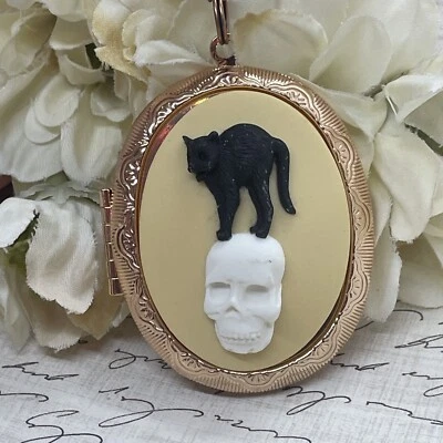 Collar medallón boda gótico camafeo oro rosa día calavera gato negro regalo Foto 1 de 4