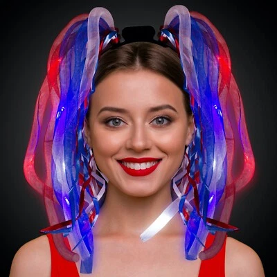 Red White Blue Patriotic Dreads/Noodles Flashing Dreads Diva Plastic Headband. - Image 1 of 2