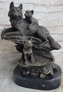 Familia de Lobos Madre Lobo Cachorros Bronce Estatua Escultura Decoración sobre Mármol - Imagen 1 de 10