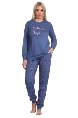 NORMANN GERMANY Damen Pyjama, Rundhals, Uni OT, Text, Hose Sterne-Allover, 69778