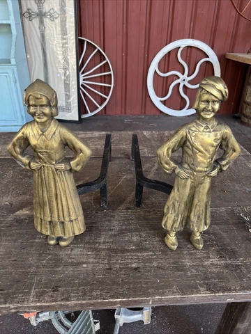 Vintage Fireplace Andirons Sheffield ?Dutch Boy Girl Cast Iron Brass Cover