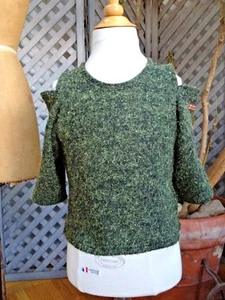 FUZZY SWEATER Cropped COLD SHOULDERS Shimmery NORI Green 3 POMMES FRANCE 6 7 8 - Picture 1 of 3
