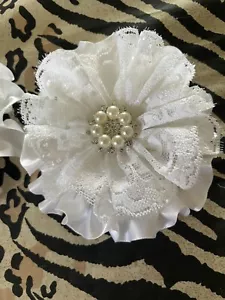TWO HANDMADE SATIN WHITE RUFFLED FLOWERS WITH LACE - Picture 1 of 2