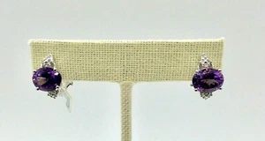 Genuine Amethyst and Diamonds Solid 14k White Gold Earrings - Picture 1 of 8