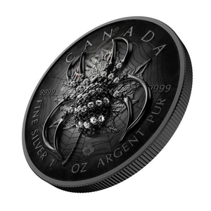 Canadá 2025 5$ Hoja de Arce - Araña Negra 1 OZ Moneda de Plata con Inserto Joyas - Imagen 1 de 3