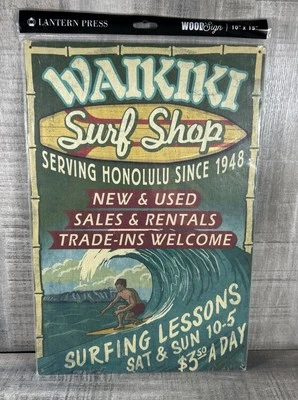 "Letrero de madera Lantern Press WAIKIKI SURF SHOP 10x15"" NUEVO Foto 1 de 4