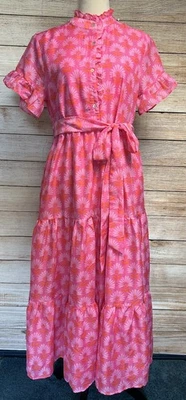 nwot J Marie Rising Sun Button-Up Tiered Ruffle Midi Dress Sz S M Pink Floral - Image 1 of 4