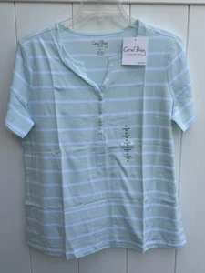 Top Henley donna Coral Bay Petite blu chiaro a righe manica corta nuovo con etichette taglia PL - Foto 1 di 4