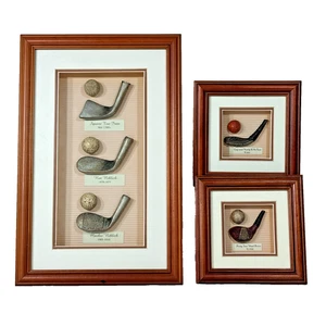 Golf Club Art Shadow Box Framed Set of 3 Antique Iron Wood Driver Lot - Picture 1 of 24