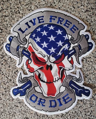 White biker skull patch LIVE FREE OR DIE FOR SEWING ON A JACKET - Image 1 of 3
