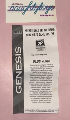 Sega Genesis Video Game System Epilepsy Warning White Insert Sheet ONLY 6”x3” - Image 1 of 4
