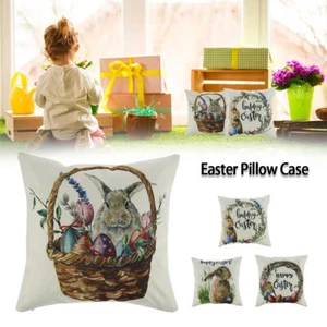 Pillow Case Happy Easter Rabbit Bunnies Linen Sofa Throw Cushion Pillow weKdi - Picture 1 of 9