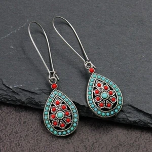 Boho Water Drop Earrings - Teal and Red - Picture 1 of 2