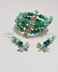 Handmade Beaded Healing Bracelet and Earring Set Dragonfly Howlite Stone - Picture 1 of 5