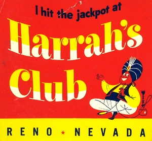 Vintage Harrah's Club Casino Travel Decal Genie I Hit the Jackpot 1950-60s - Picture 1 of 4