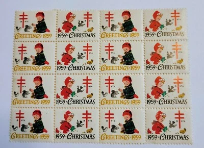 Estados Unidos, 1959 niños alimentando aves y animales, bloque de sellos de Navidad de 16 estampillas MNH Foto 1 de 3